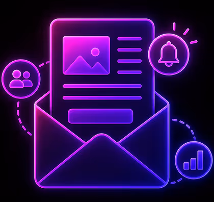 Neon glowing email newsletter with icons for users, notification bell, and analytics.