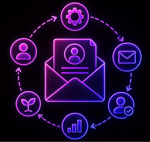 Neon icons showing an email with user, gear, envelope, user with check, graph, and plant in a circular flow.