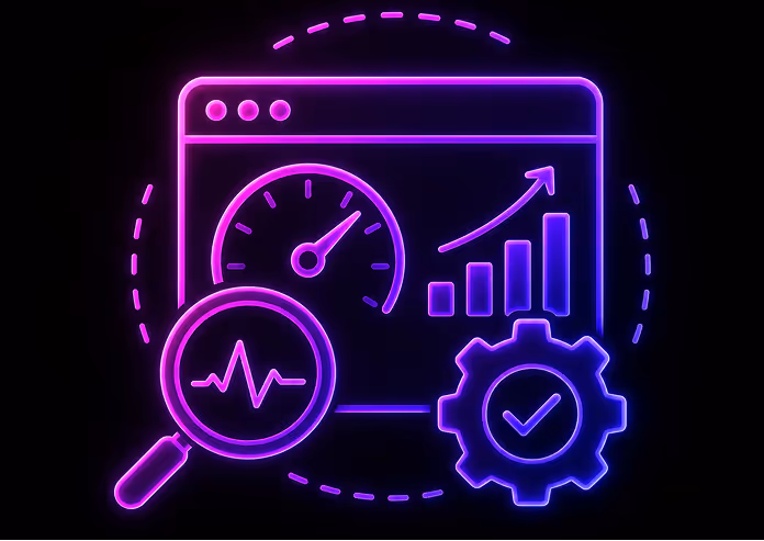 Neon outline of a browser window with speedometer, rising bar chart, magnifying glass, and gear with checkmark.