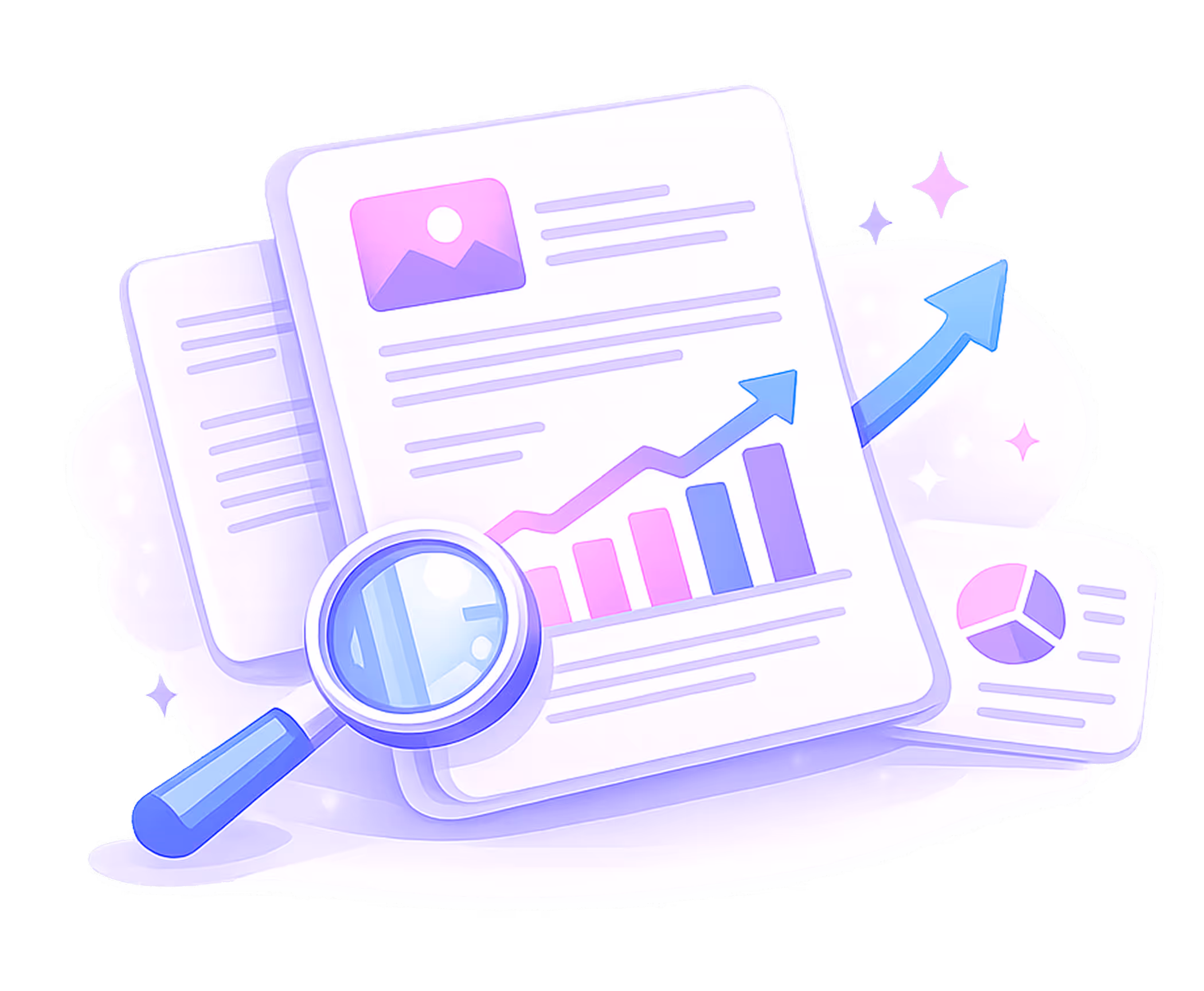 Documents with charts and a magnifying glass focusing on a graph showing growth with an upward arrow.