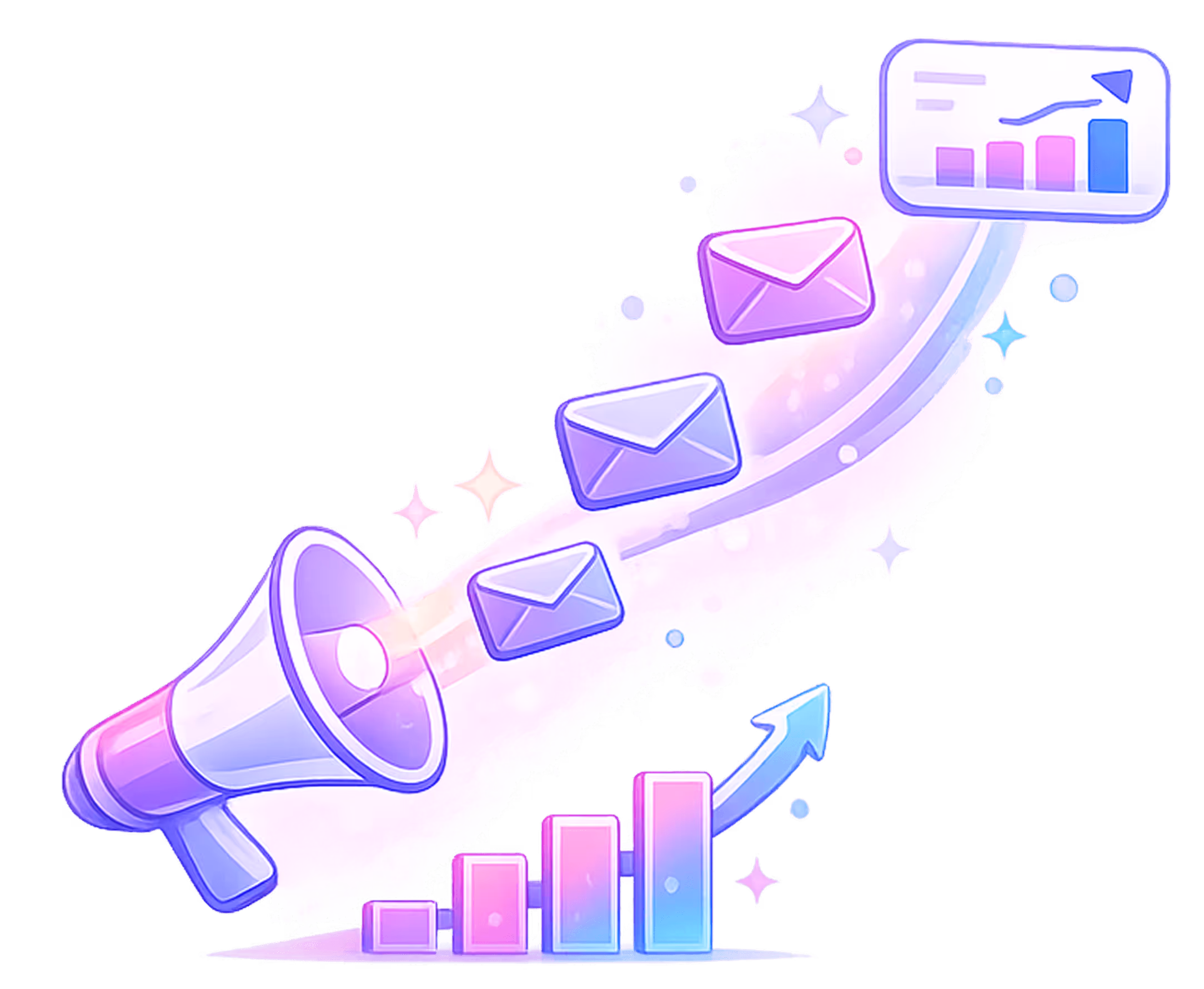 Megaphone sending envelopes upward along an arrow to a rising bar chart showing marketing growth.