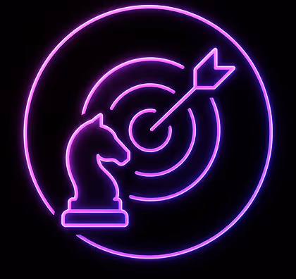 Neon glowing icons of a chess knight and a target with an arrow hitting bullseye.