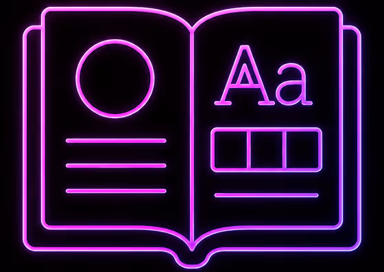 Neon purple and pink outline of an open book with text and image placeholders on black background.