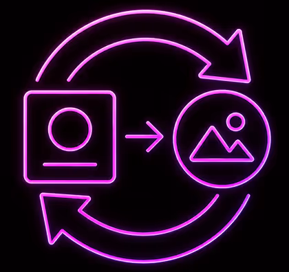 Neon pink icon of document converting into image with circular arrows on black background.