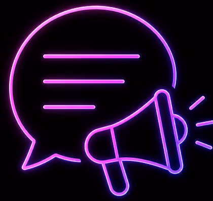 Neon pink and purple speech bubble with lines and a megaphone icon on a black background.