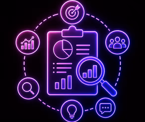 Neon clipboard with charts and magnifying glass surrounded by icons of target, people, chat, lightbulb, and magnifier.