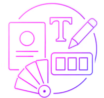 Graphic icons representing visual brand identity elements like color palette, typography, and design tools.