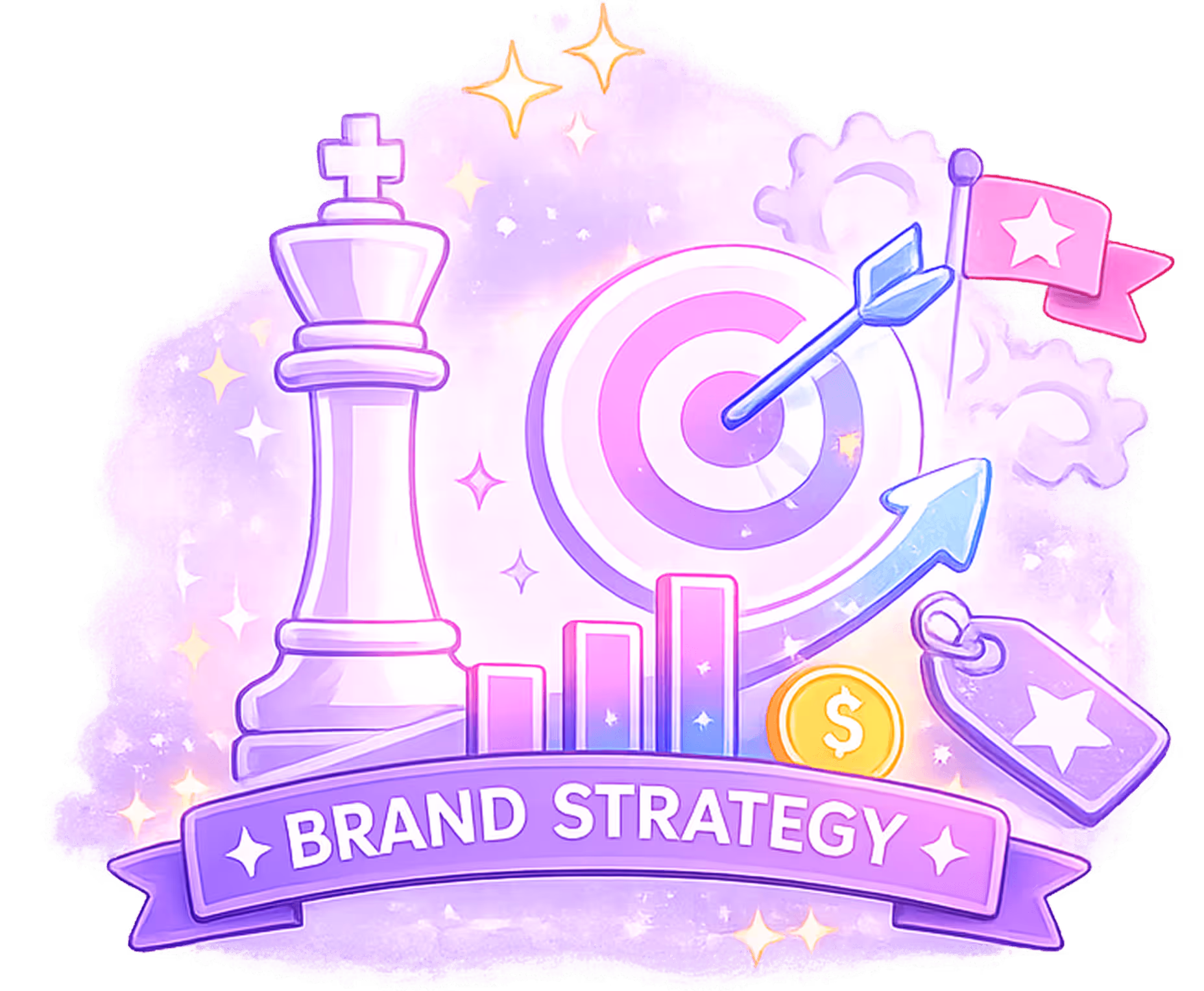 Chess king, target with arrow, bar chart, coin, tag, and flag around a banner reading Brand Strategy.