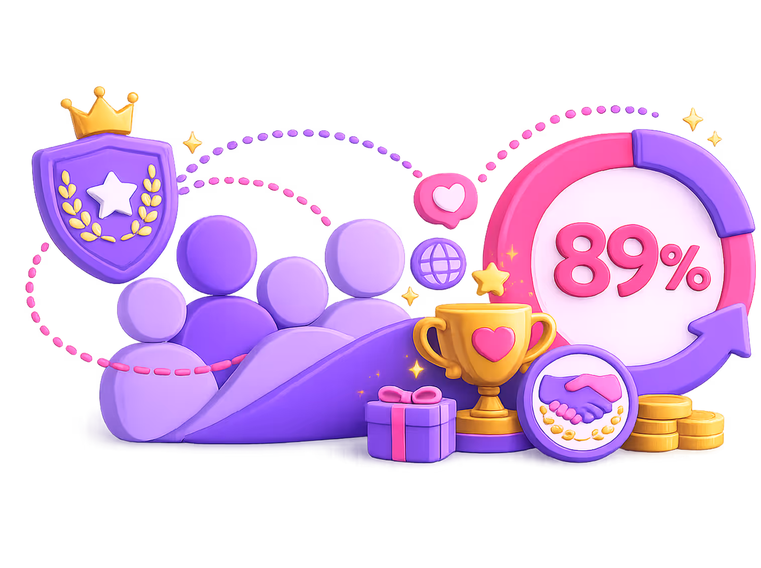 Purple group of people icons with growth curve, 89% in pie chart, trophy, gift, handshake, and coins.