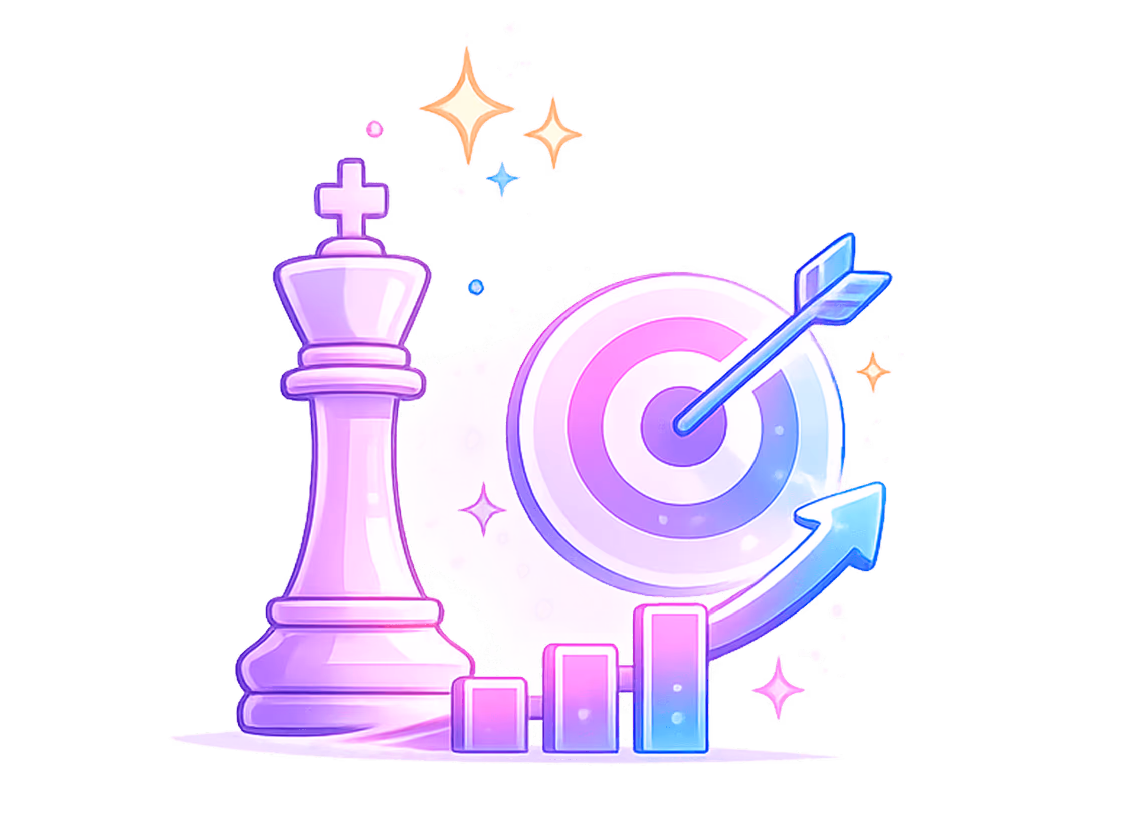 Purple chess king, target with arrow, and rising bar chart symbolizing strategy and goal achievement.