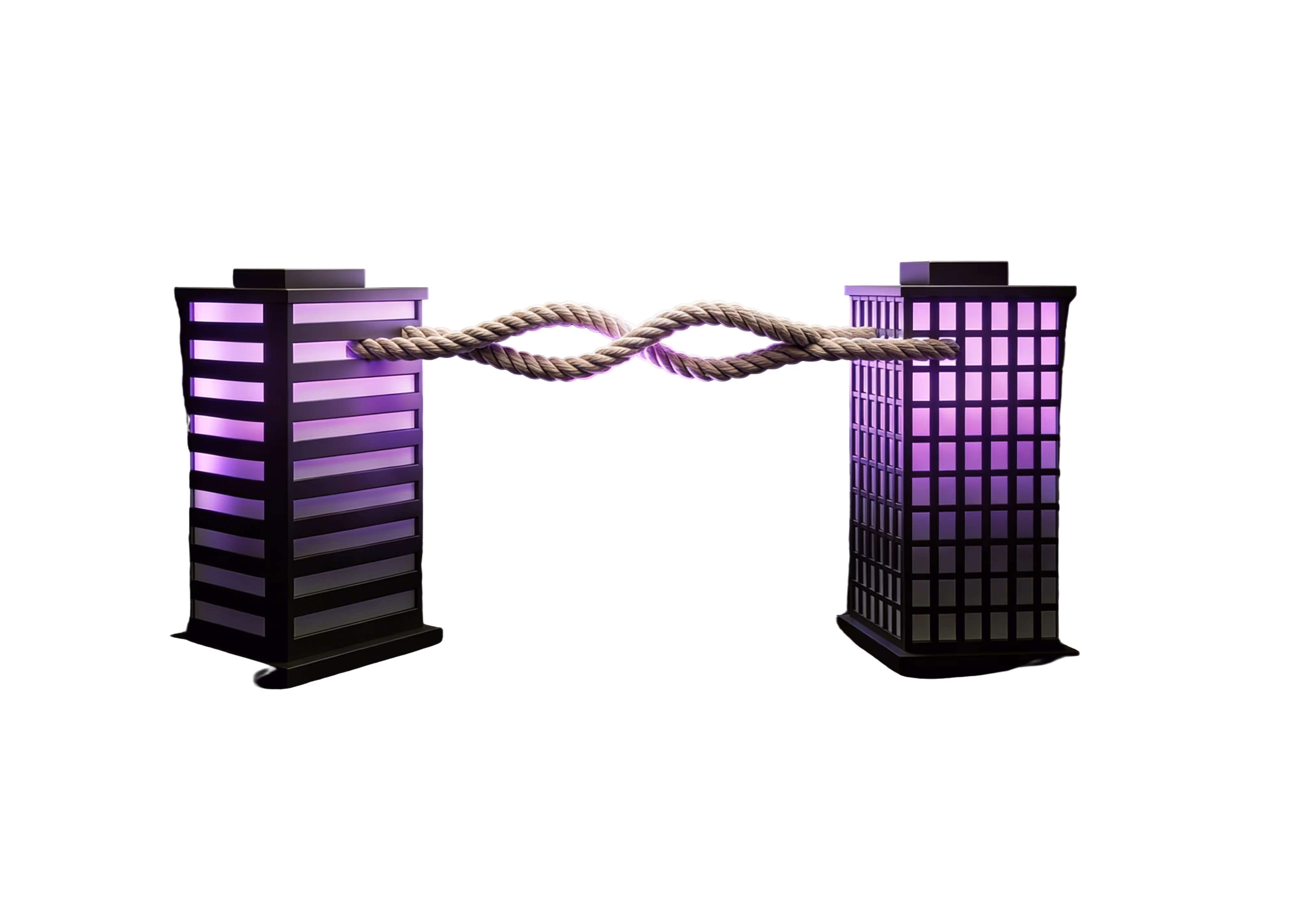 Two purple-lit buildings connected by a twisted rope tying them together in the center.
