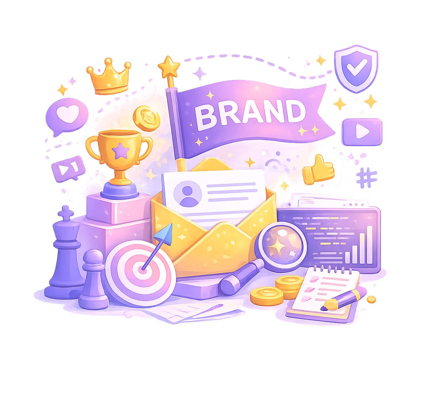 Illustration of brand strategy elements: flag, trophy, target, chess pieces, envelope, magnifier, and social media icons.