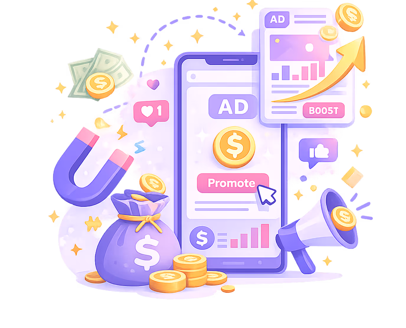Digital ad promotion on smartphone with money, graph, magnet, and megaphone icons symbolizing growth.
