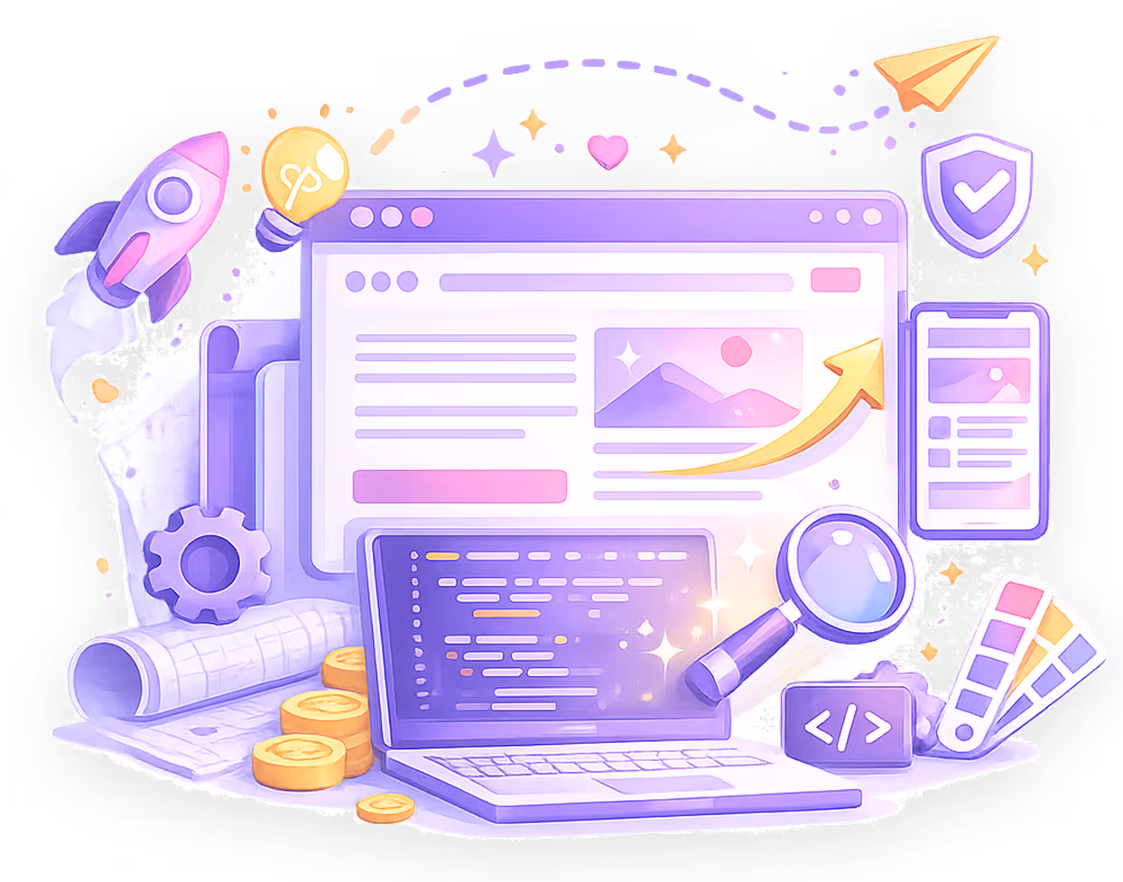 Illustration of web design and development with laptop, code, magnifying glass, and icons.