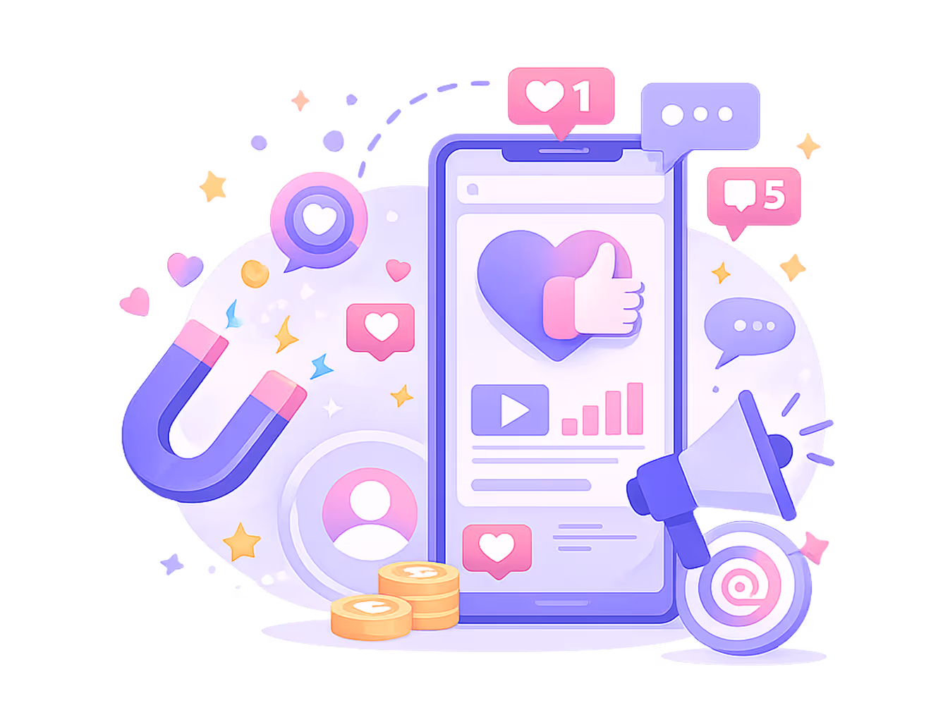 Smartphone with social media icons, likes, comments, magnet, megaphone, and target symbol.