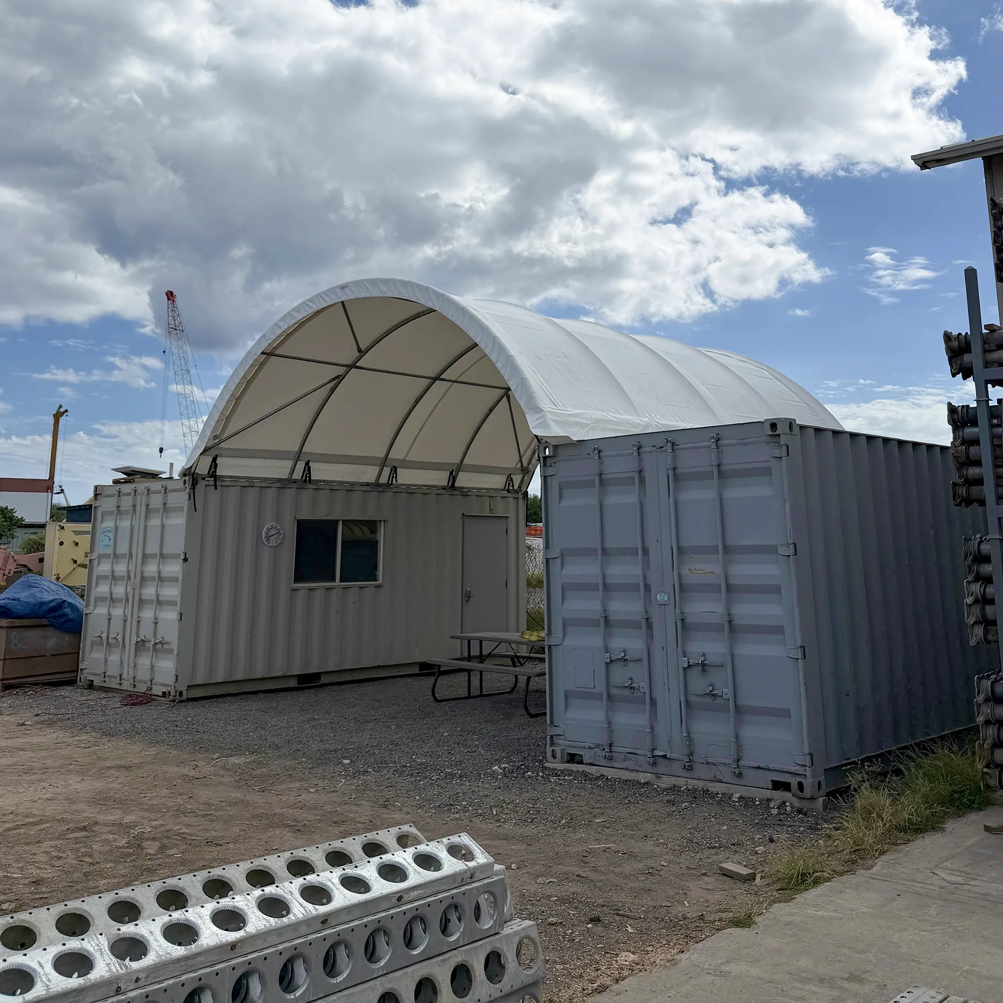 20x20 container tent on shipping containers, side view