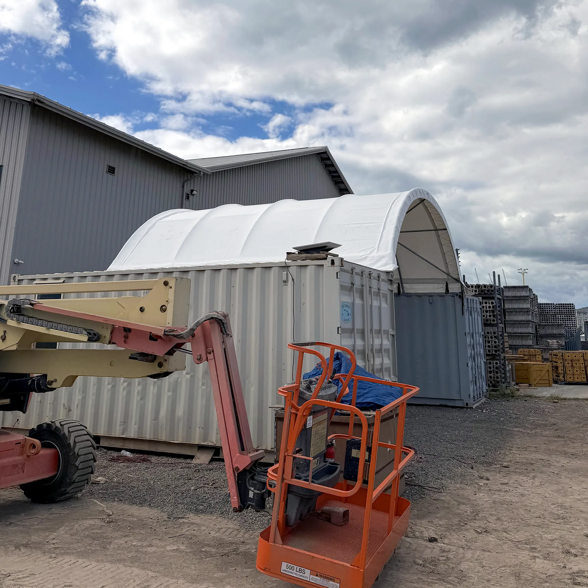 20x20 container tent installed on shipping containers, rear view
