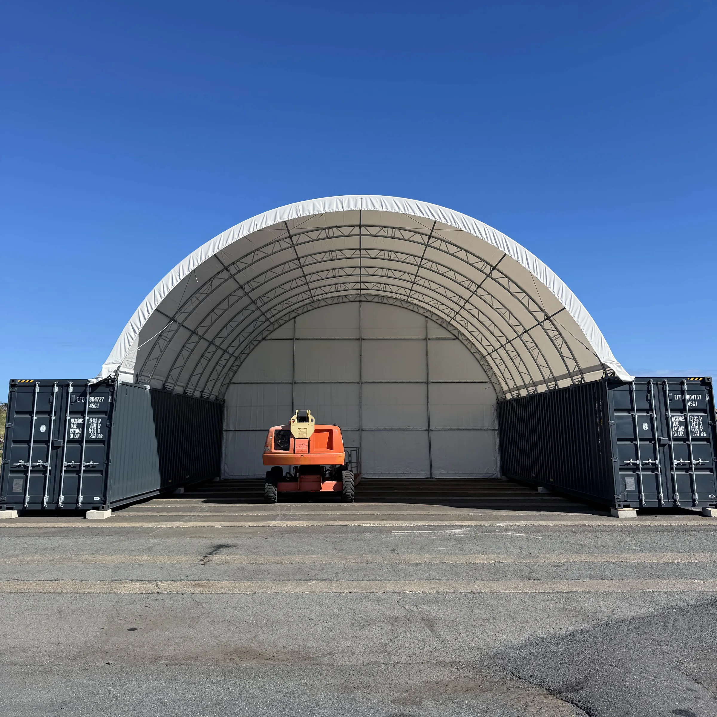 Front view of a completed 40x40 container tent on Oahu
