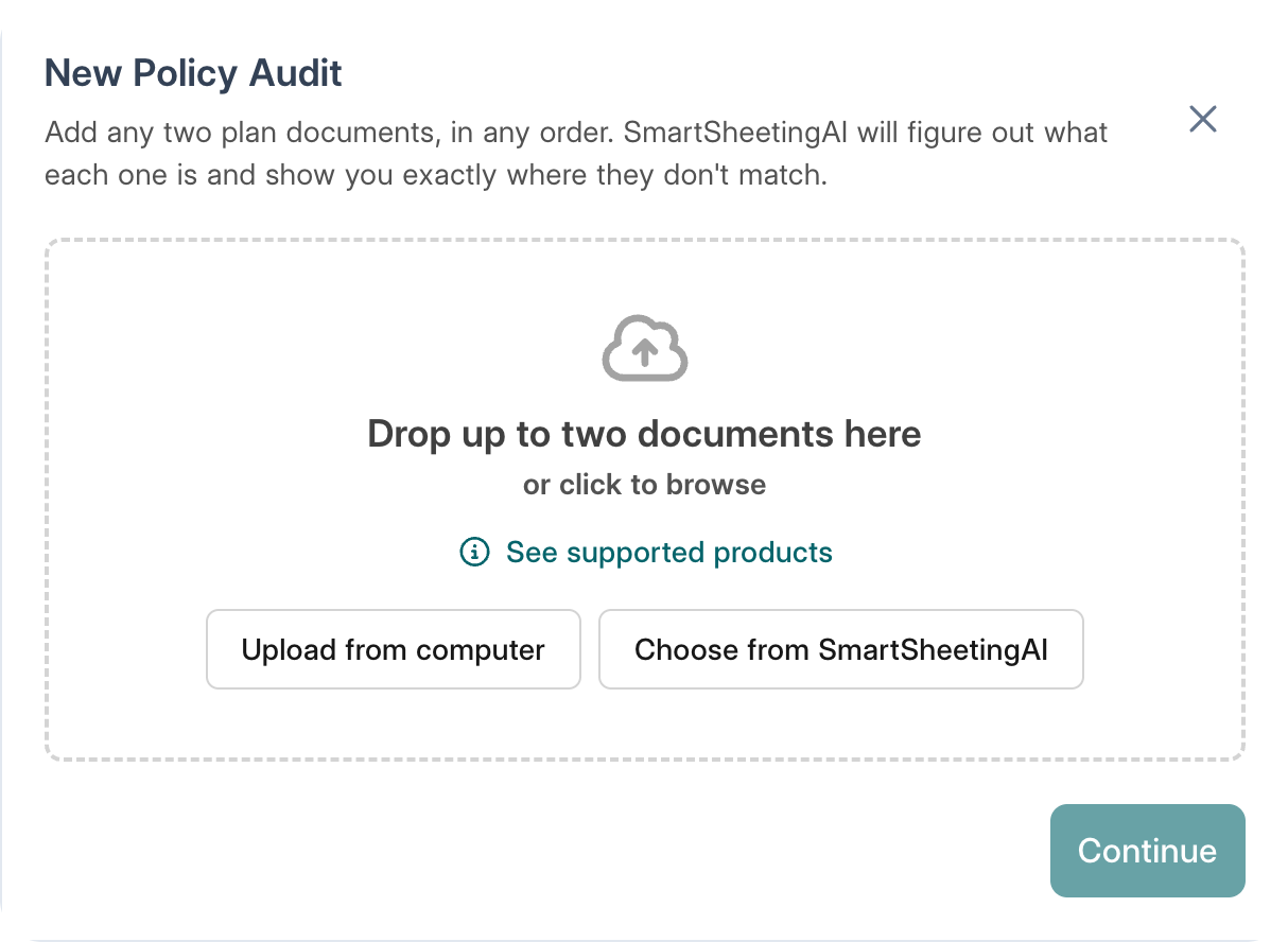 SmartSheetingAI plan and policy audit listing variances between a carrier proposal and the bound certificate