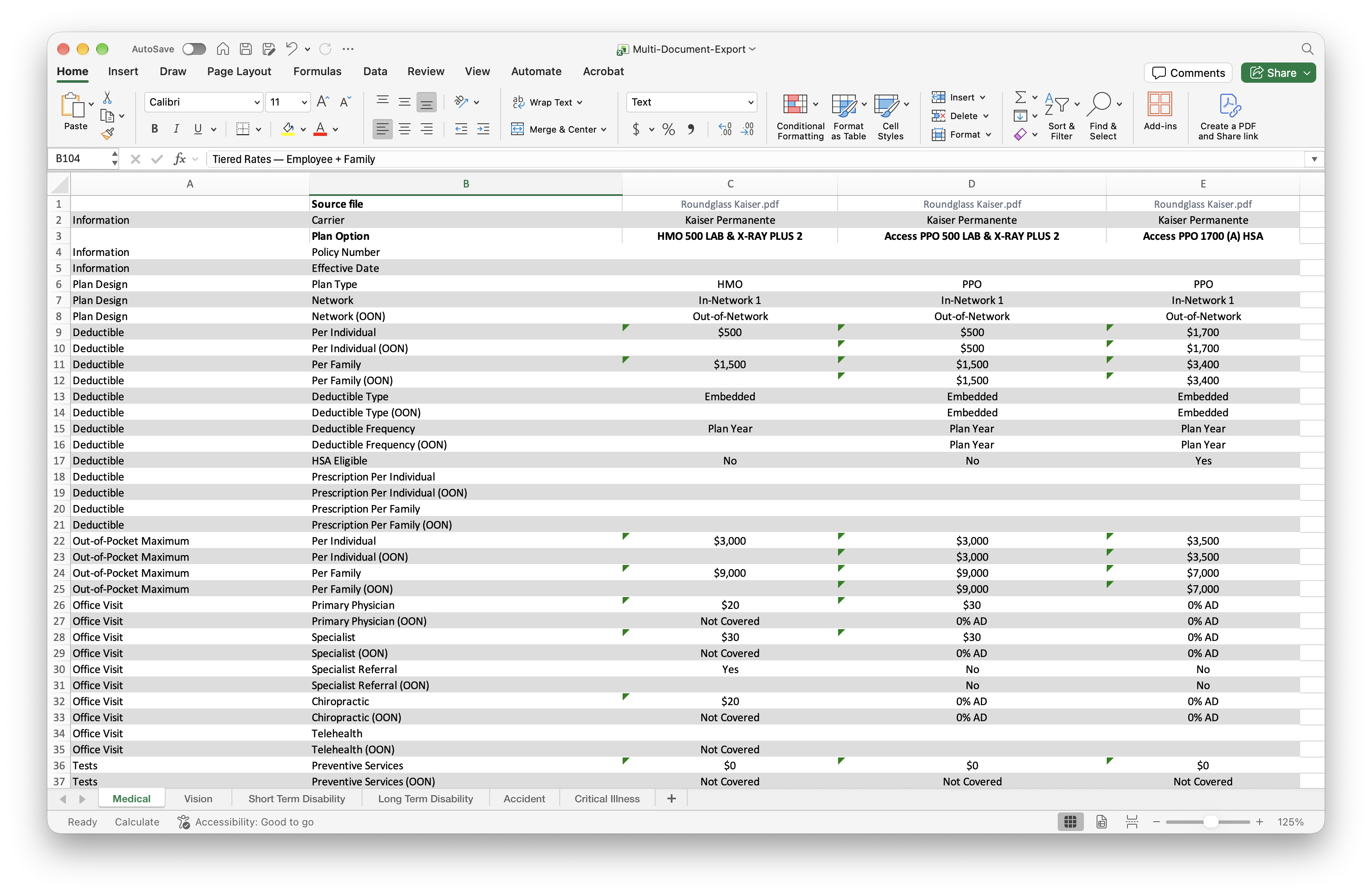 SmartSheetingAI, Three+ carrier columns side by side, 10–15 rows of plan attributes