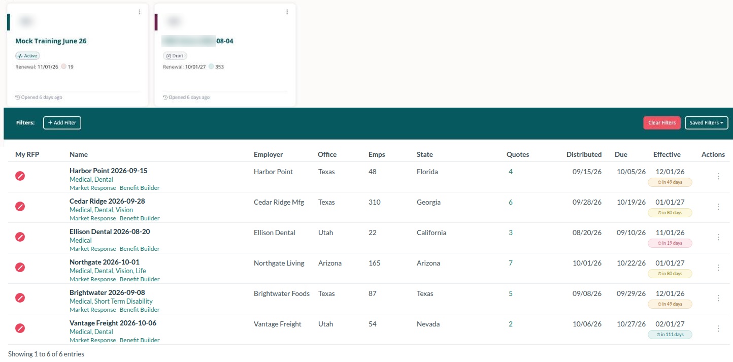The Plansight dashboard showing six renewals in flight across several states, each with carrier quotes received, distribution and due dates, and days remaining