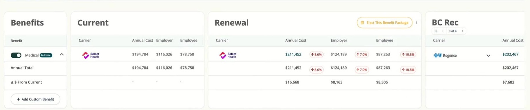 Benefit Builder comparing current, renewal and an alternate package before the broker elects one