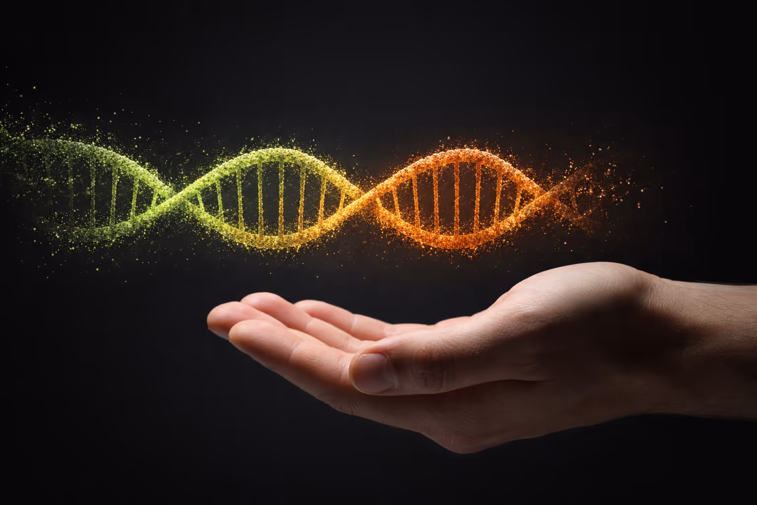 Human hand with a glowing stylized DNA double helix hovering above it, transitioning from green to orange.