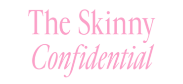 The Skinny Confidential text in pink with 'The Skinny' in bold serif font and 'Confidential' in cursive on black background.