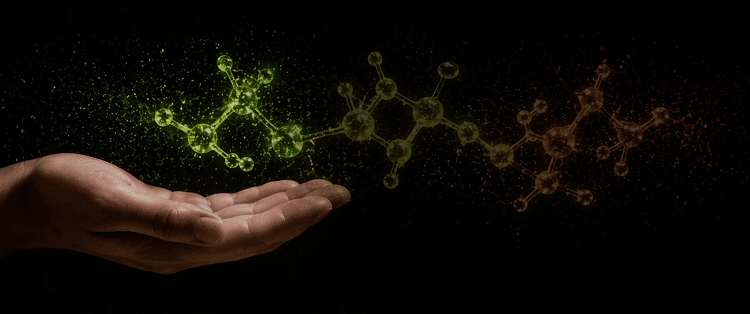 Human hand with a glowing stylized DNA double helix hovering above it, transitioning from green to orange.