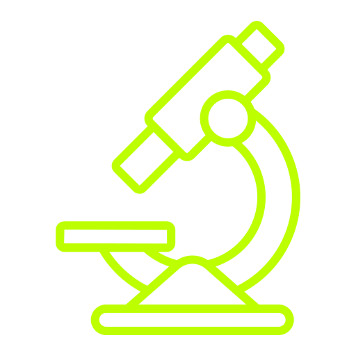 Bright green line icon of a microscope on a black background.