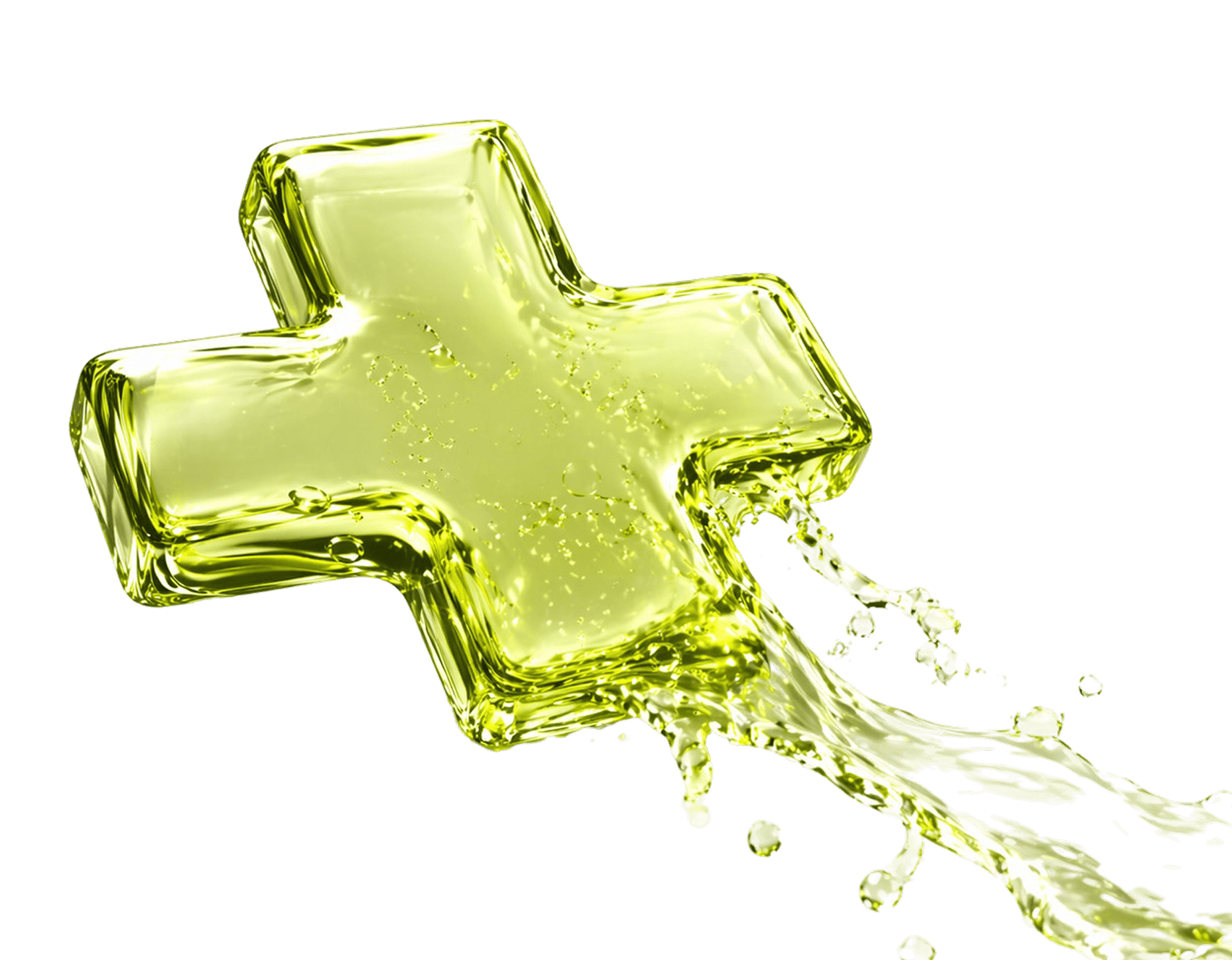 Yellow-green translucent 3D plus sign with liquid flowing out from one side on a transparent background.