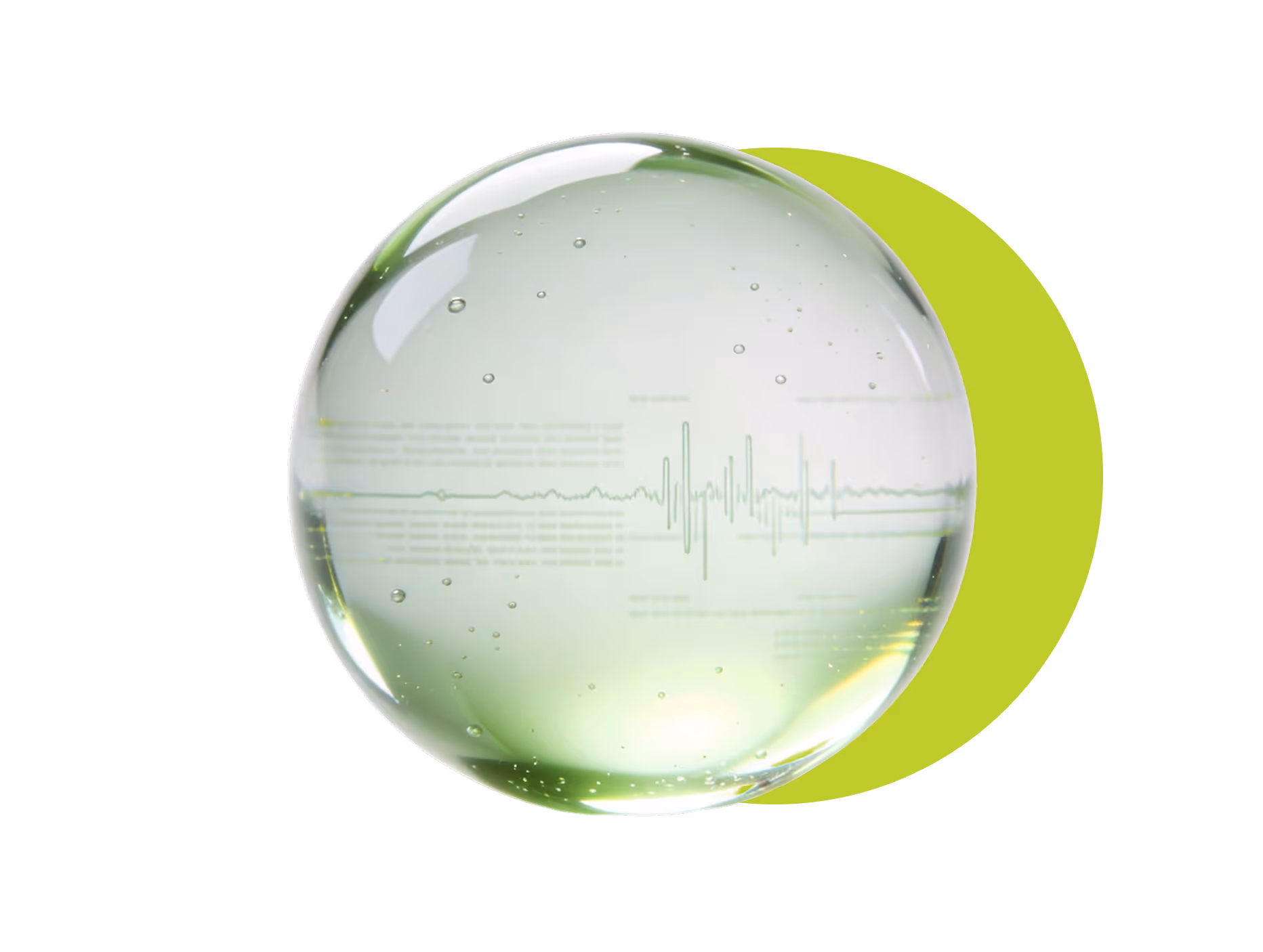Transparent glass sphere with green waveform and data lines inside, casting a green shadow on the right.