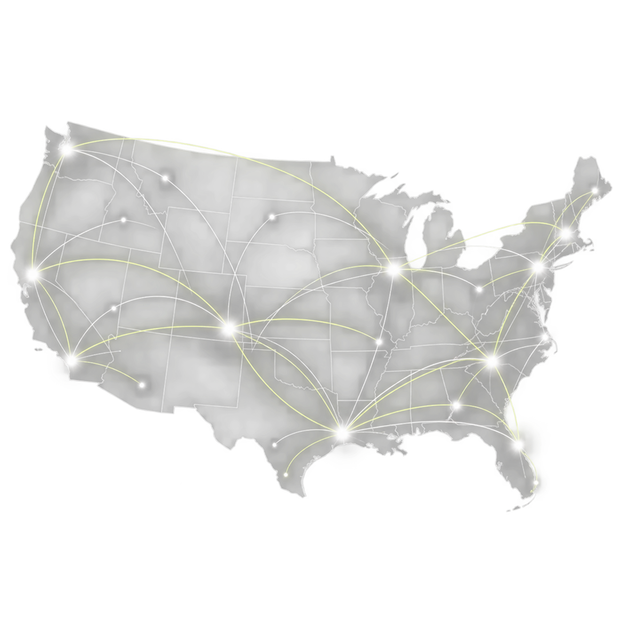 Grayscale map of the United States with glowing lines connecting cities across the country.