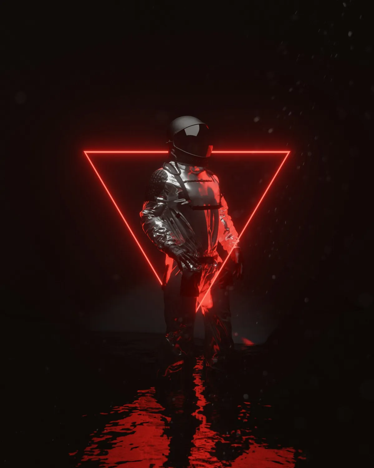 Futuristic illustration of a person with red neon inverted triangle light.