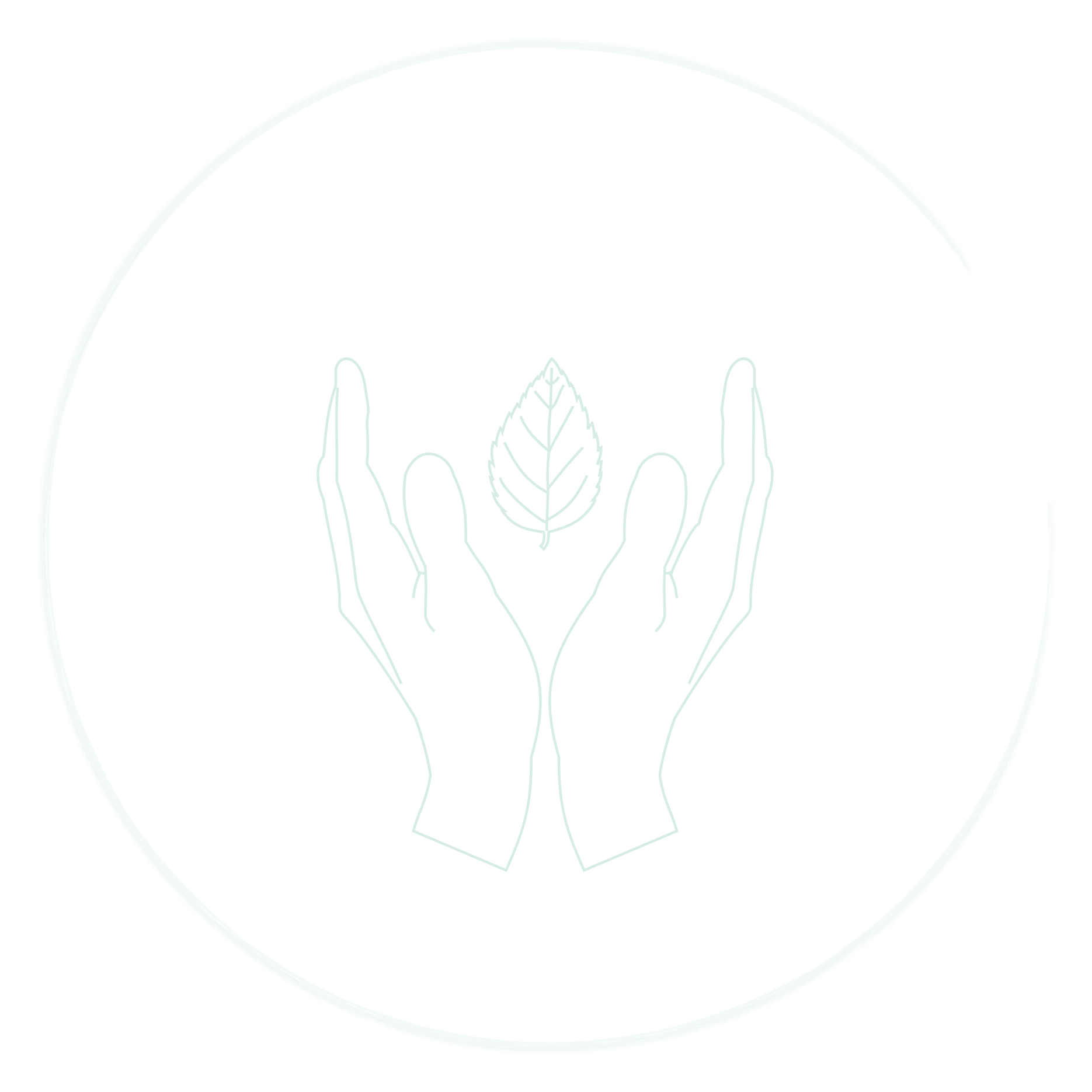 Minimal line illustration of to open hands around a leaf inside a circle