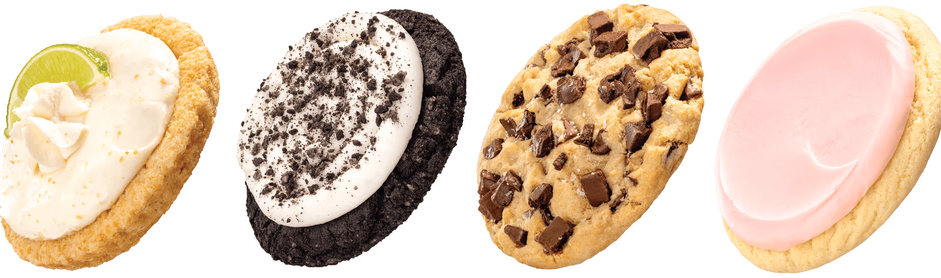 Four Crumbl cookies in pink, oreo, chocolate chip, and lemon flavors