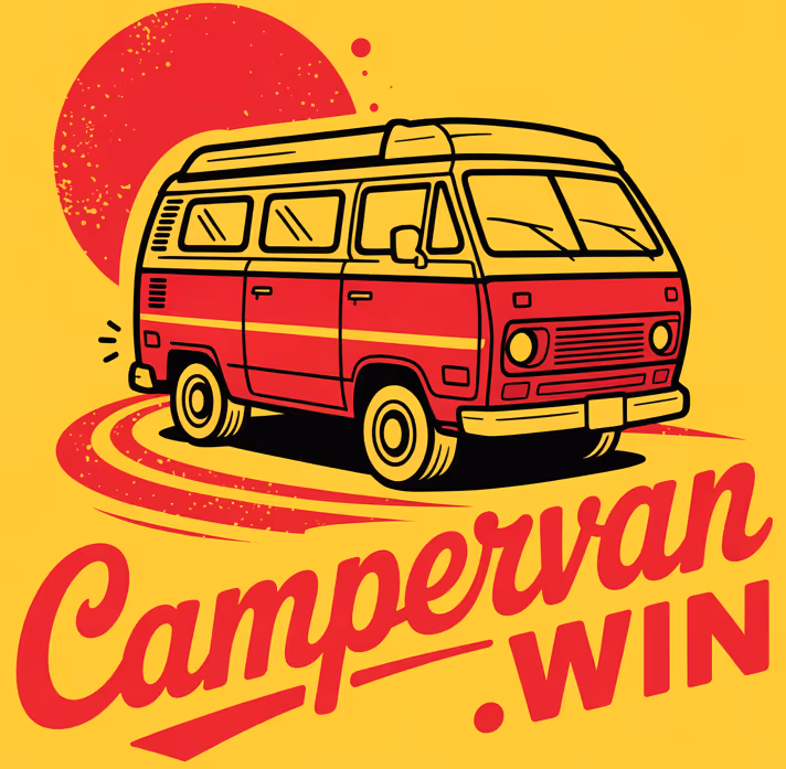 Red campervan illustration with a large red sun and the text 'Campervan .WIN' on a yellow background.