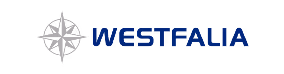 Westfalia logo with a stylized silver compass rose to the left of the company name in blue uppercase letters.
