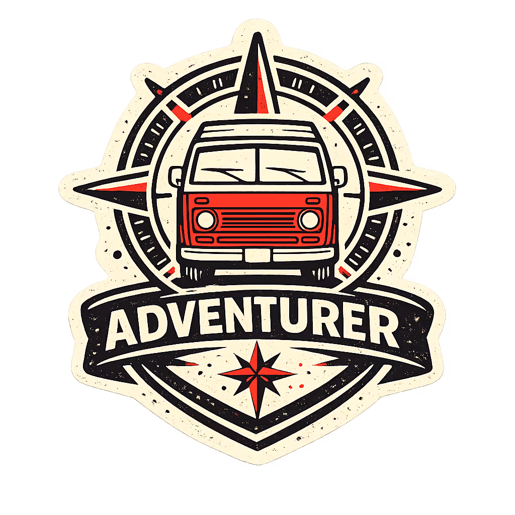 Retro-style illustration of a red campervan in front of a compass rose with the word Adventurer beneath it.