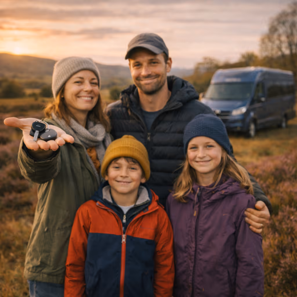 Smiling family of four outdoors at sunset, woman holding vehicle keys with a blue camper van in the background.