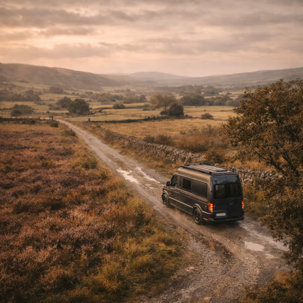 Black camper van driving on a muddy dirt road through a scenic countryside landscape with rolling hills and cloudy sky.