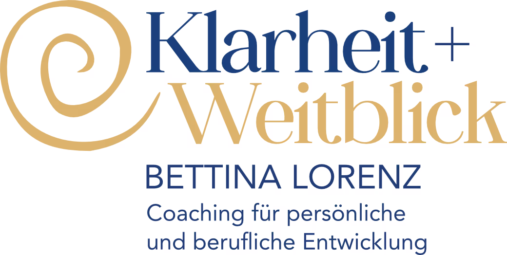 Logo with spiral graphic and text Klarheit + Weitblick, Bettina Lorenz, Coaching für persönliche und berufliche Entwicklung.