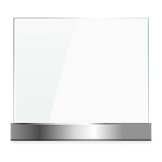 Transparent glass plaque with a metallic base on a white background.