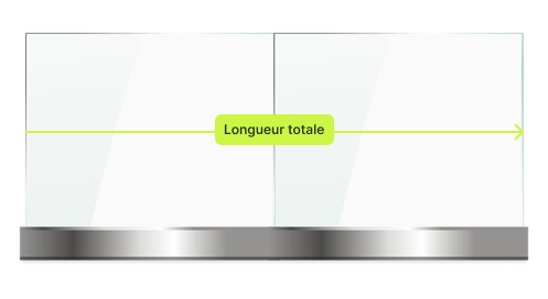 Diagram showing total length measurement across two adjacent glass panels with a green arrow labeled 'Longueur totale'.
