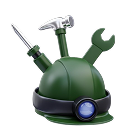 Green helmet with attached tools including a screwdriver, hammer, and wrench.