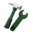 Silver hammer and green wrench crossed on white background.