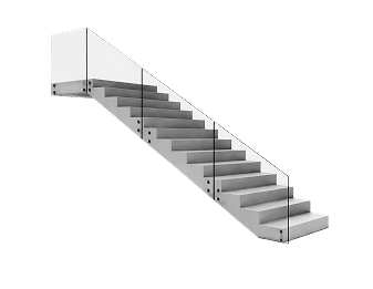 Modern floating staircase with glass railing and concrete steps isolated on black background.