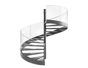 Modern spiral staircase with black steps and transparent glass railing.