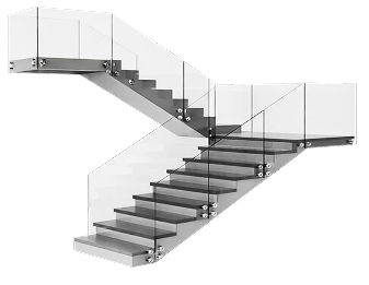 Modern floating staircase with glass railings and gray steps against a white background.