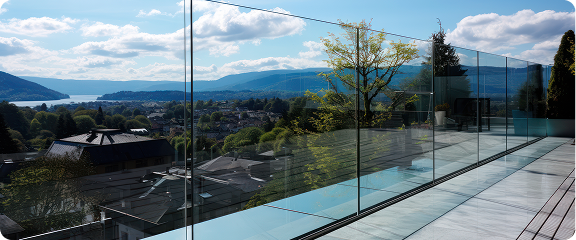 View of a glass balcony overlooking rooftops, trees, mountains, and a lake under a partly cloudy sky.